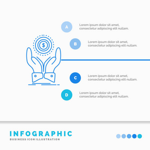 硬币手堆叠美元收入信息图表模板的网站和演示。 线蓝色图标信息样式矢量插图