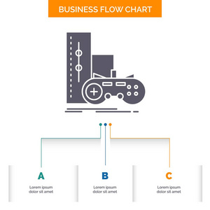 游戏游戏垫操纵杆玩游戏站业务流程图设计与3步。 字形图标表示背景模板位置的文本。