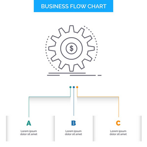 财务流程收入赚钱业务流程图设计有3个步骤。 表示背景模板位置的线条图标