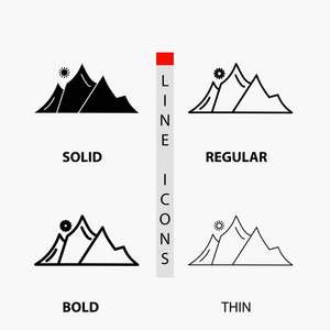 山景自然山阳图标以细规则的粗体线条和字形风格。 矢量插图