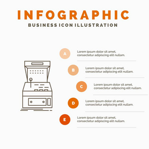 拱廊控制台游戏机玩信息图形模板的网站和演示。 线条灰色图标橙色信息样式矢量插图
