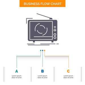 电视广告广告电视机业务流程图设计有3个步骤。 字形图标表示背景模板位置的文本。