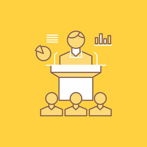 商业会议会议演示研讨会平线填充图标。 在UI和UX网站或移动应用程序的黄色背景上美丽的徽标按钮。