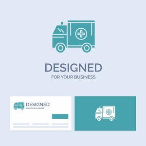 救护车卡车医疗帮助货车业务标志字形图标符号为您的业务。 绿松石名片与品牌标志模板。