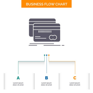 银行卡贷款借方金融业务流程图设计有3个步骤。 字形图标表示背景模板位置的文本。
