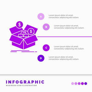 储蓄盒预算货币增长信息图表模板的网站和演示。 字形紫色图标信息样式矢量插图。