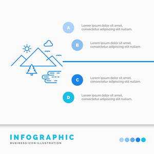 山区自然户外云太阳信息图形模板的网站和演示。 线蓝色图标信息样式矢量插图