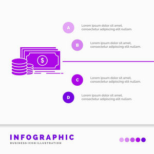 金融投资支付货币美元信息图表模板的网站和演示。 字形紫色图标信息样式矢量插图。