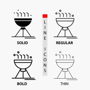 烹饪烧烤野营食品烤架图标在薄的规则粗体线和字形风格。 矢量插图