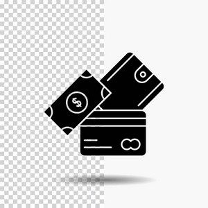 信用卡货币美元钱包字形图标在透明背景下。 黑色图标