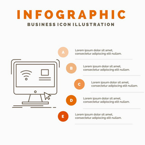 控制计算机监控远程智能信息图形模板的网站和演示。 线条灰色图标橙色信息样式矢量插图