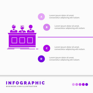 竞赛专家评委陪审团信息图表模板的网站和演示。 字形紫色图标信息样式矢量插图。