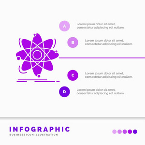原子科学，化学，物理，核信息图形模板，用于网站和演示。 字形紫色图标信息样式矢量插图。