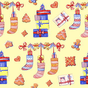 圣诞姜饼无缝模式。蓝色背景上的姜饼。可爱的圣诞节背景壁纸, 礼品纸, 图案填充, 纺织品, 贺卡