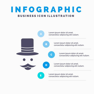 胡子，潮人，移动帽子，男子信息图形模板，网站和演示。 字形灰色图标与蓝色信息风格矢量插图。
