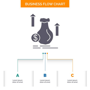 钱袋美元增长股票业务流程图设计有3个步骤。 字形图标表示背景模板位置的文本。