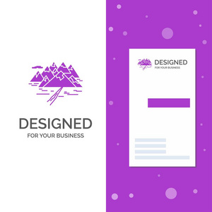 山山景观岩石裂缝的商业标志。 垂直紫色商务名片模板。 创意背景向量插图