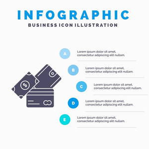 信用卡货币美元钱包信息图表模板的网站和演示。 字形灰色图标与蓝色信息风格矢量插图。