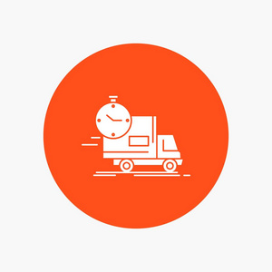 交货时间运输卡车白色字形图标在圆圈。 矢量按钮插图