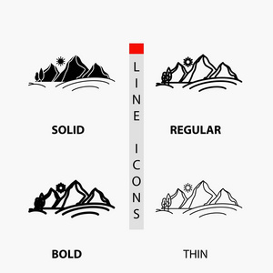 山，景观，自然，山，太阳图标在薄，规则，粗体线和雕文风格。矢量图