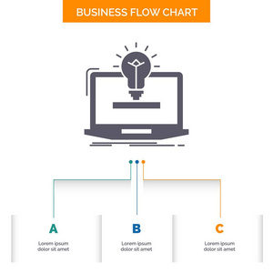 笔记本电脑，解决方案，想法，灯泡，解决方案业务流程图设计与3个步骤。用于演示的雕文图标背景模板的文本位置.