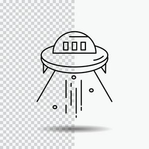 太空船，太空船，火箭，透明背景下的外星线图标。黑色图标矢量插图