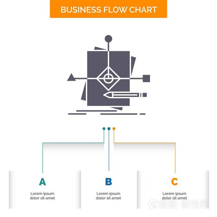 算法，业务，预测，模式，计划业务流程图设计3个步骤。用于演示的雕文图标背景模板的文本位置.