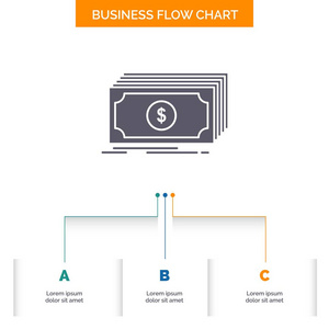 现金美元金融基金货币业务流程图设计3个步骤。用于演示的雕文图标背景模板的文本位置.