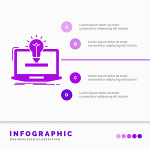 笔记本电脑，解决方案，想法，灯泡，解决方案信息图形模板的网站和演示。GLYPH紫色图标信息样式矢量插图.