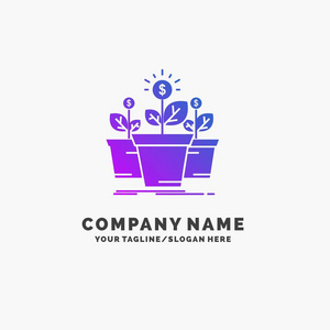 成长，金钱，植物，盆栽，树紫色商业标志模板。放置标签线。