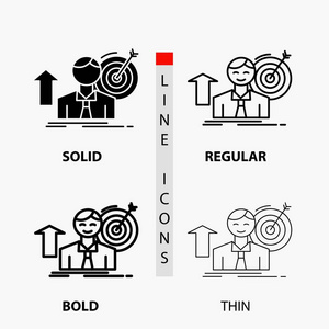 成功，用户，目标，实现，增长图标在薄，规则，粗体线和字形风格。矢量图