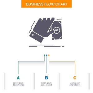 商务手钱赚美元业务流程图设计有三个步骤。 字形图标表示背景模板位置的文本。