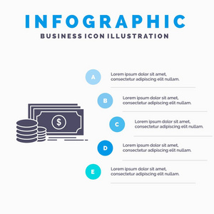 金融投资支付货币美元信息图表模板的网站和演示。 字形灰色图标与蓝色信息风格矢量插图。