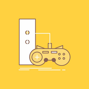 游戏游戏垫操纵杆玩游戏站平线填充图标。 在UI和UX网站或移动应用程序的黄色背景上美丽的徽标按钮。