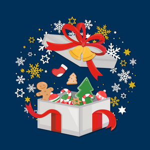 圣诞节印刷黑暗海军圣诞节背景与圣诞老人，驯鹿雪橇和雪花。 圣诞贺卡。 矢量插图