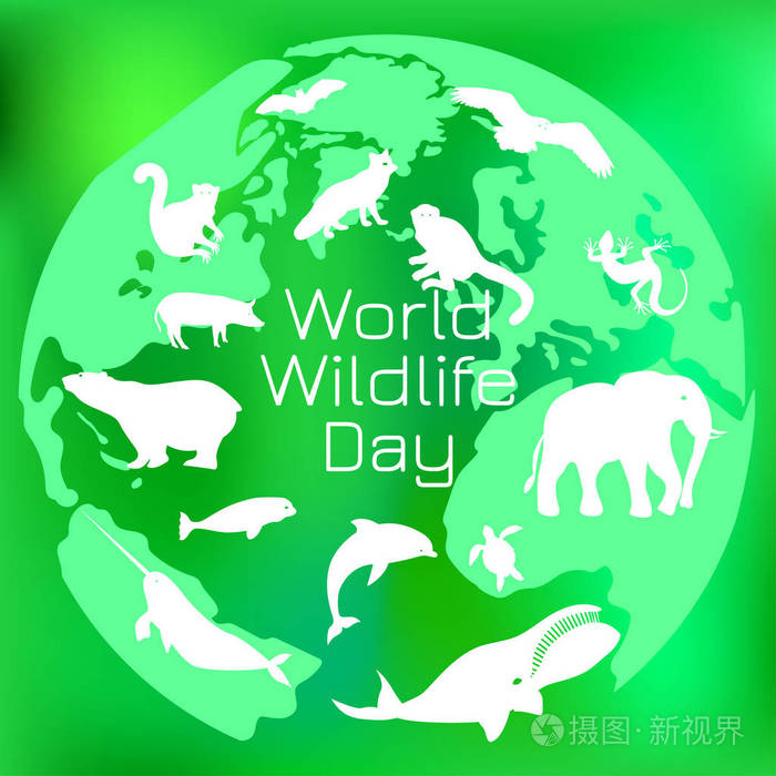 世界野生动物日环境事件的概念地球轮廓背景下的不同动物