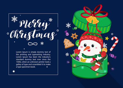 圣诞卡在黑暗的海军背景与圣诞老人克劳斯驯鹿礼品盒圣诞装饰品和雪花。 模板矢量插图