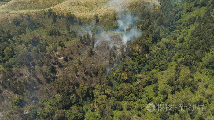 鸟瞰森林火灾烟雾山坡山。 热带森林爪哇印度尼西亚的野火。 东南亚自然灾害火灾