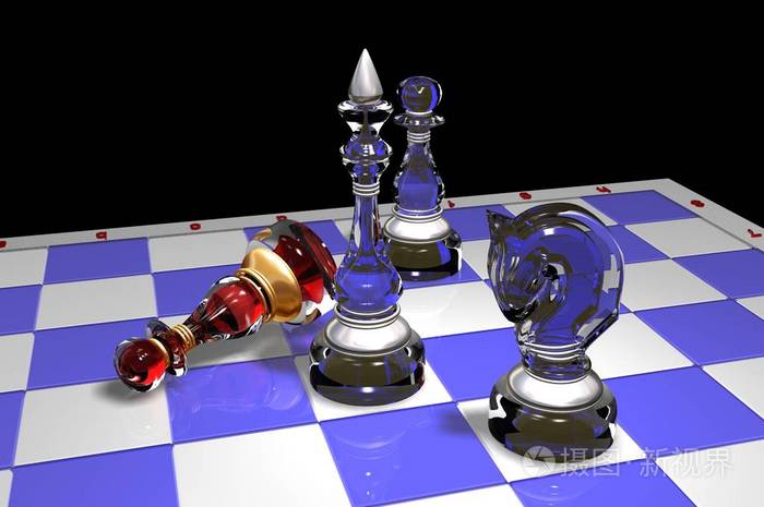 国际象棋棋盘玻璃象棋的三维渲染