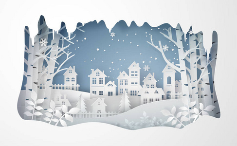 冬季雪城乡村景观城村新年快乐，基督的雕塑艺术和工艺风格。