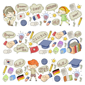 成人儿童语言学校。儿童课程。英语, 意大利语, 西班牙语, 日语, 中文, 阿拉伯语, 德语。游戏和学习
