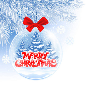 圣诞节和新年即将到来。 玻璃透明的圣诞球，里面挂着字母，圣诞快乐，挂在圣诞树上。 角落设计元素。 矢量图。