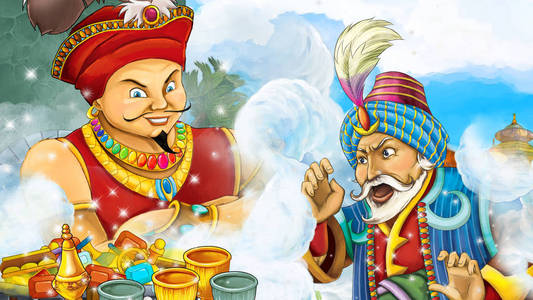 卡通场景中世纪阿拉伯王国王子或国王在木门入口附近旅行,远东装饰