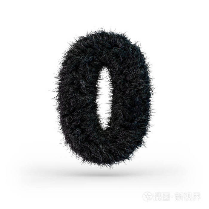 大写蓬松和毛茸茸的黑色字体数字为零3d渲染