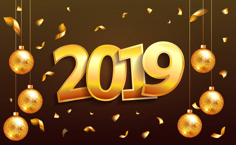 2019年新年快乐刻字豪华高级棕色模板与金色圣诞球在闪闪发光的背景。 新年快乐卡片设计。 矢量插图EPS10文件。