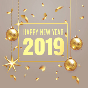 2019年新年快乐刻字豪华优质灯泡文字模板与金色纸屑在粉红色优雅的背景。 新年快乐卡片设计。 矢量图EPS10