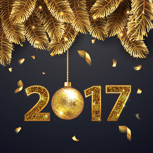 新年快乐，2017年旗帜上有金杉树枝，纸屑和闪亮的灯光。 丰富的VIP豪华黄金和黑色。 矢量插图
