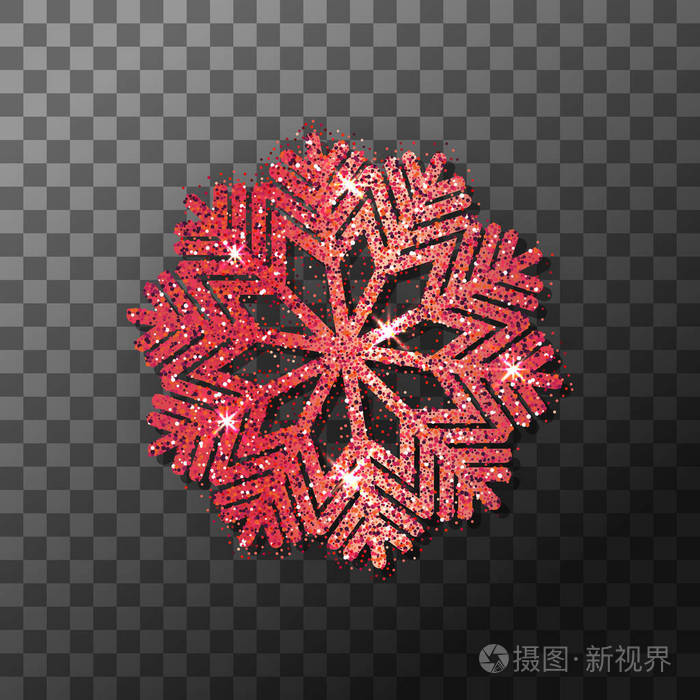 红色闪光的雪花圣诞新年闪闪发光的装饰在透明的背景上,闪耀的霜光