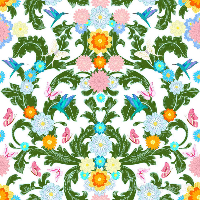 洛可可花图案,花蝴蝶和飞鸟. 无缝背景为您的设计