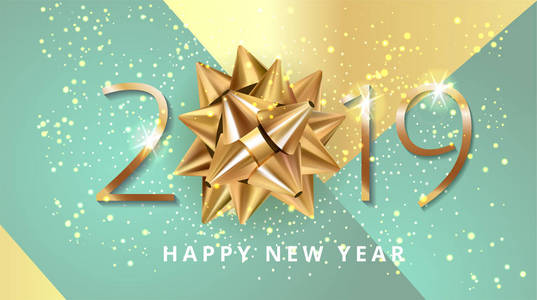 2019年数字新年庆祝现代黄金背景与礼品丝带弓和闪光纸屑装饰。矢量寒假贺卡设计模板新年晚会邀请